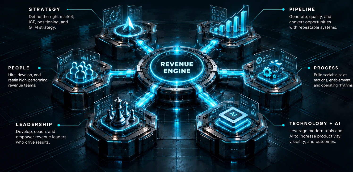 The Krafted Revenue Engine connecting Strategy, Pipeline, Process, People, Leadership, and Technology plus AI around a central Revenue Engine core
